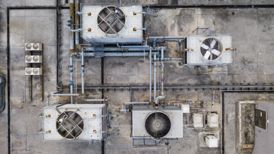 aerial view of cooling towers on a roof - cooling tower experts