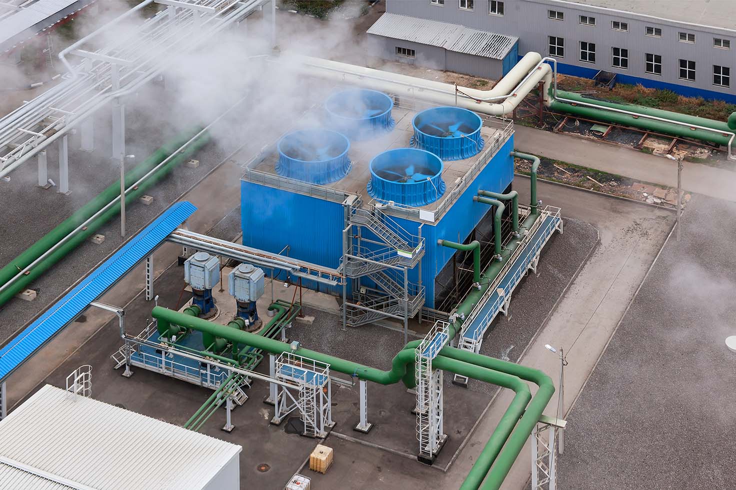 Aerial view of a cooling tower with heat transfer mechanisms
